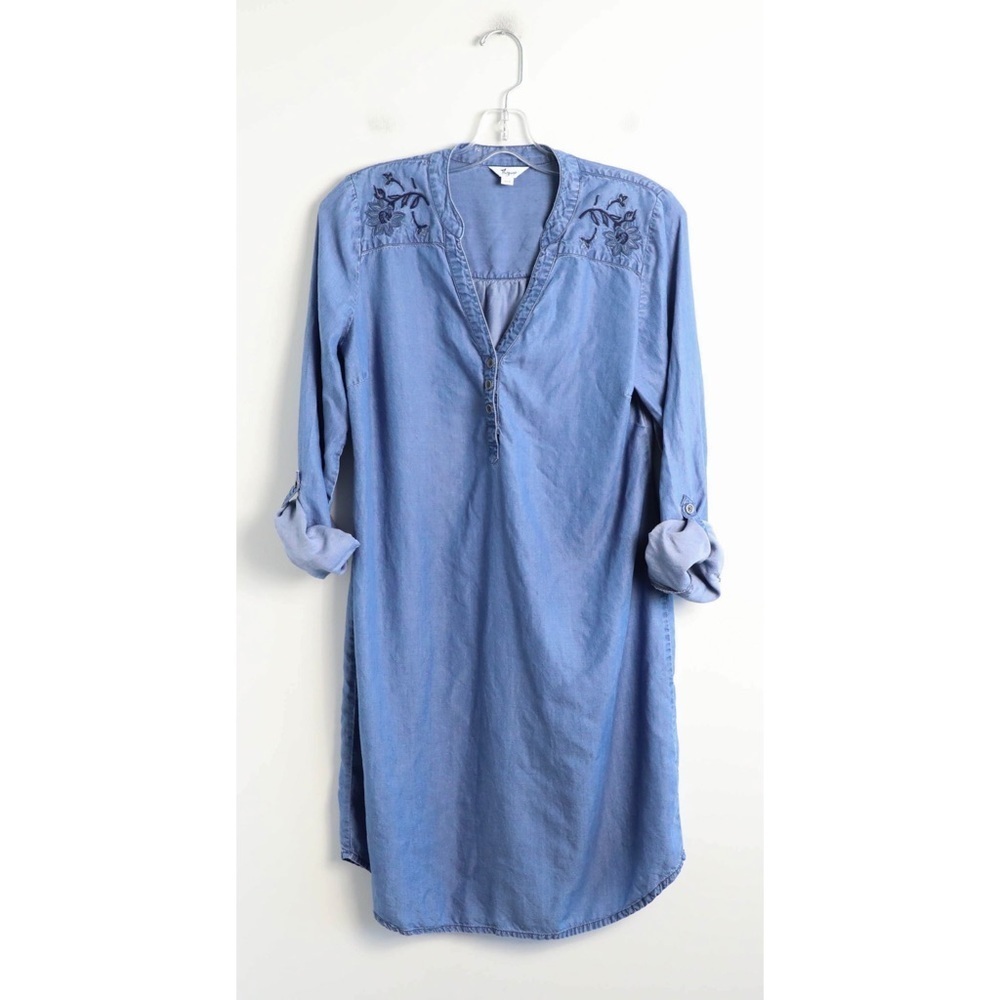 Thyme chambray tunic dress embroidered long sleeve floral oversized loose fit XS